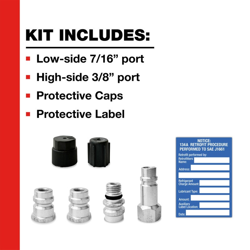 A/C Pro Certified A/C Pro Car Air Conditioner Adapter Kit, Complete AC Conversion Adapter Kit Converts R12 to R134-A Refrigerant, Includes 1 Low Side Port, 3 High Side Ports and Retrofit Label, InterDynamics - Image 2